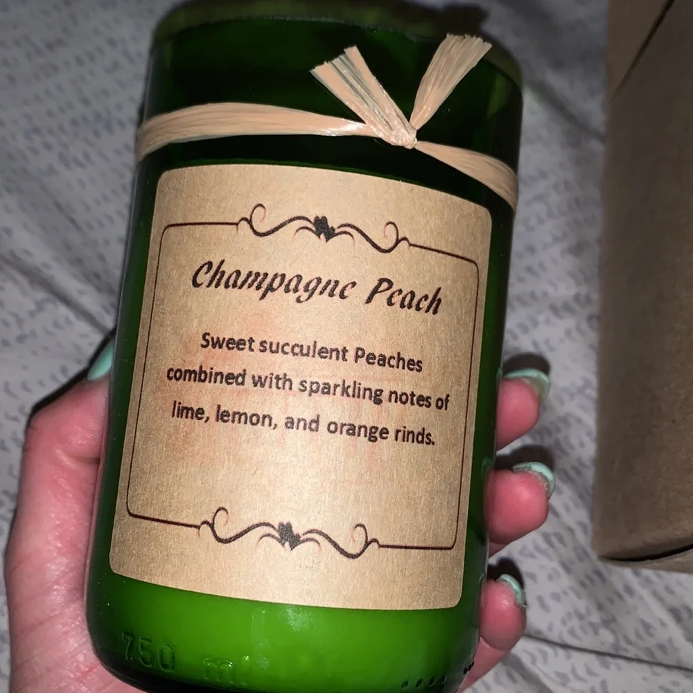 Handcrafted soy candle in recycled wine bottle friendship Champagne Peach